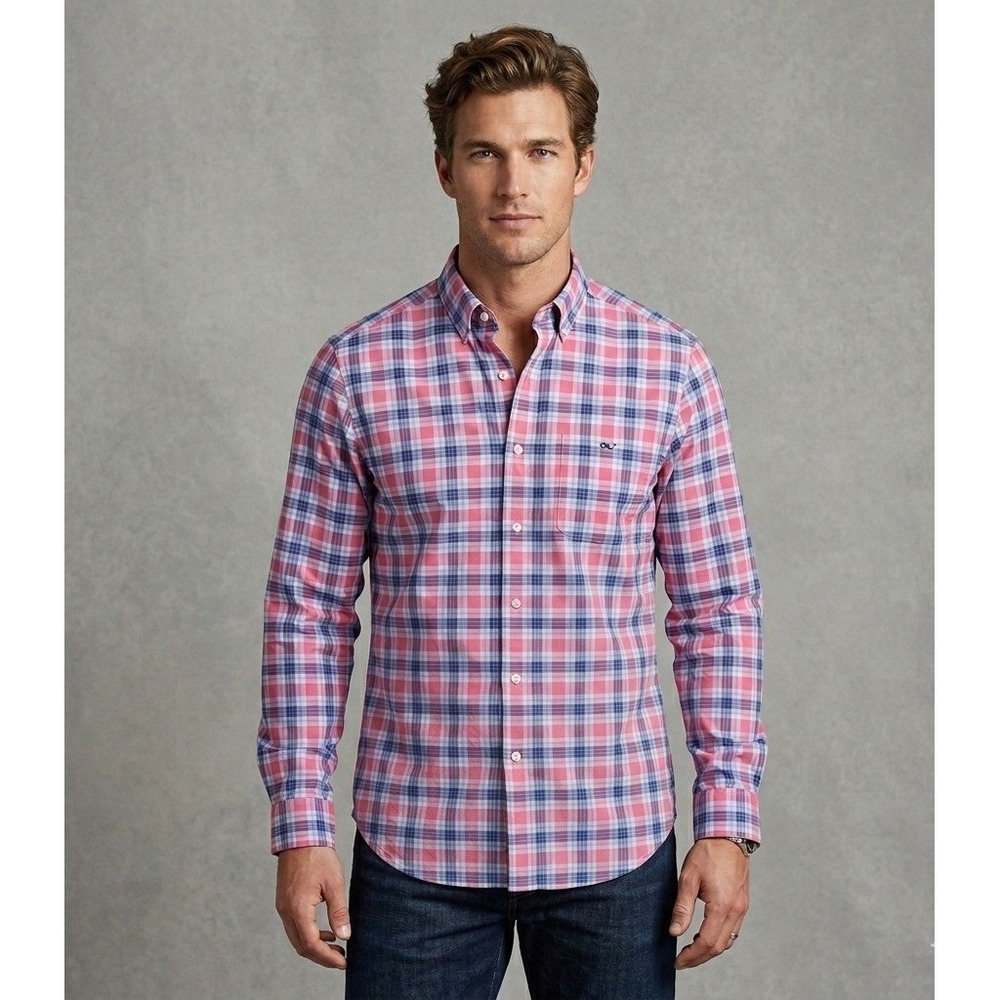 Vineyard Vines Mens OTG Performance‎ Plaid Shirt Pink Blue 1W011154 Medium